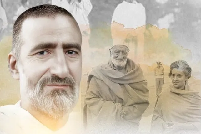 A modern editorial illustration: a colourised portrait of Ghaffar Khan in middle age on the left, blended into a faded photograph of him in old age standing beside Indira Gandhi.